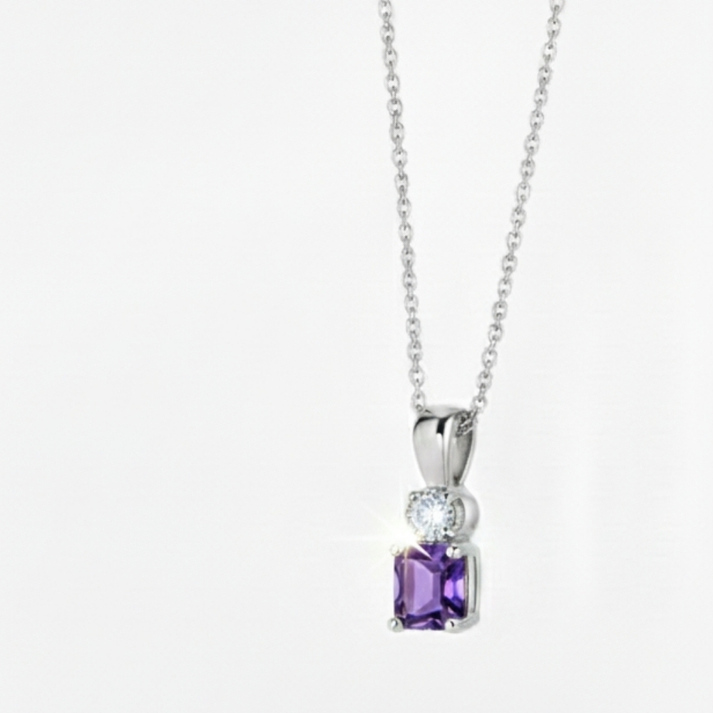 AVON 2005  Sterling Silver Amethyst w CZ accents Pendant And Necklace With Box